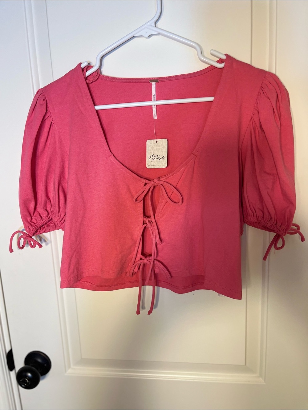 Free People Tie-Front Puff Sleeve Crop Top in Pink